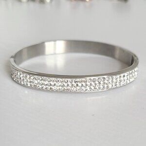 Beautiful Stainless Steel Dressy Bangle Bracelet 3 Row Rhinestone Detail Sparkly